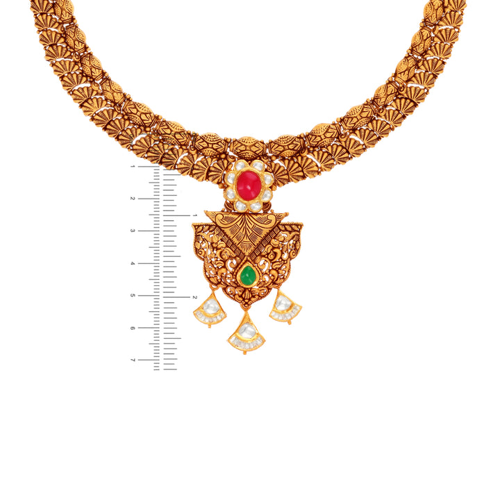 Detailed Antique Necklace Set With Kundan & Gemstones in 22K Gold