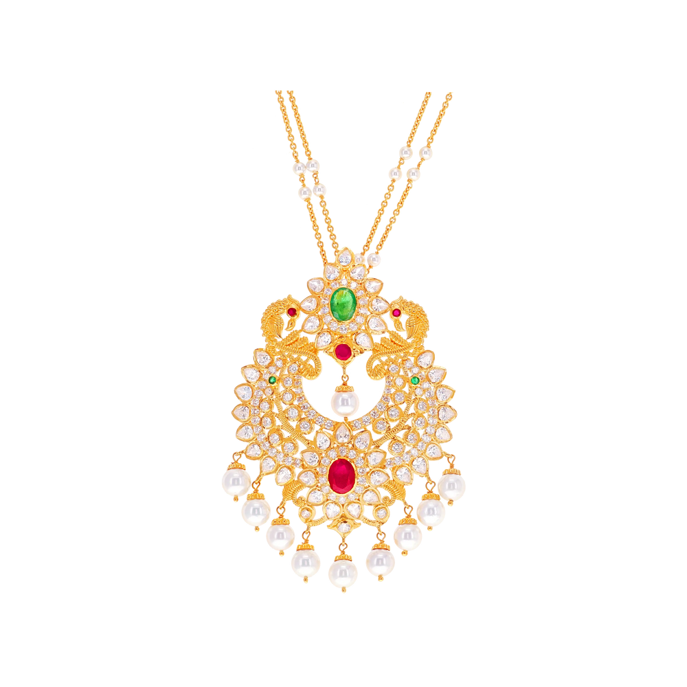 Lovely Pendant Set with Ruby, Emerald, Pearl & CZ in 22K Gold