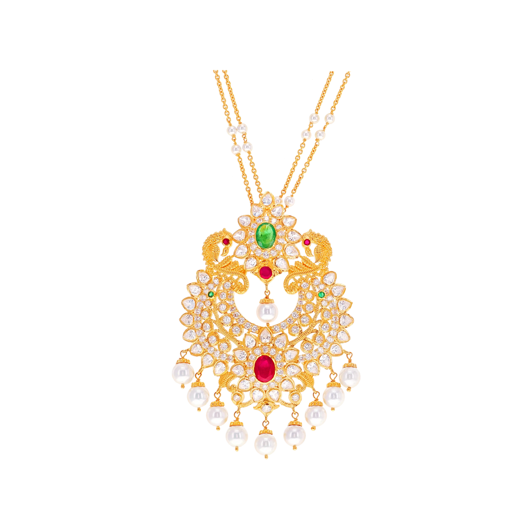 Lovely Pendant Set with Ruby, Emerald, Pearl & CZ in 22K Gold