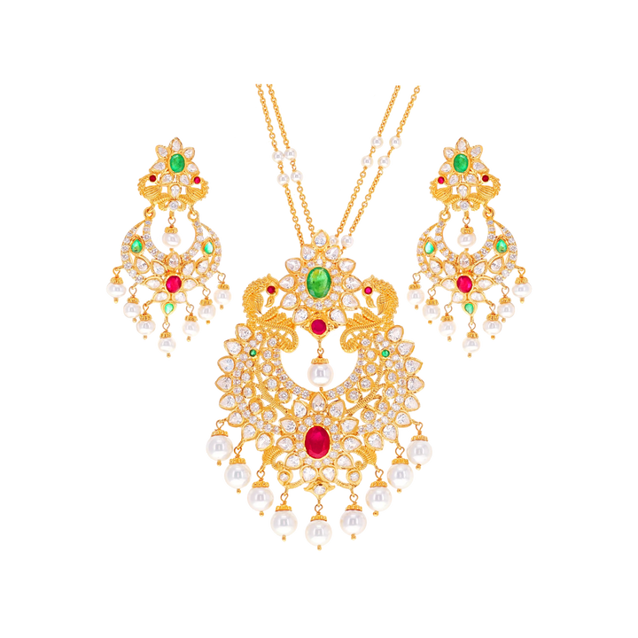 Lovely Pendant Set with Ruby, Emerald, Pearl & CZ in 22K Gold