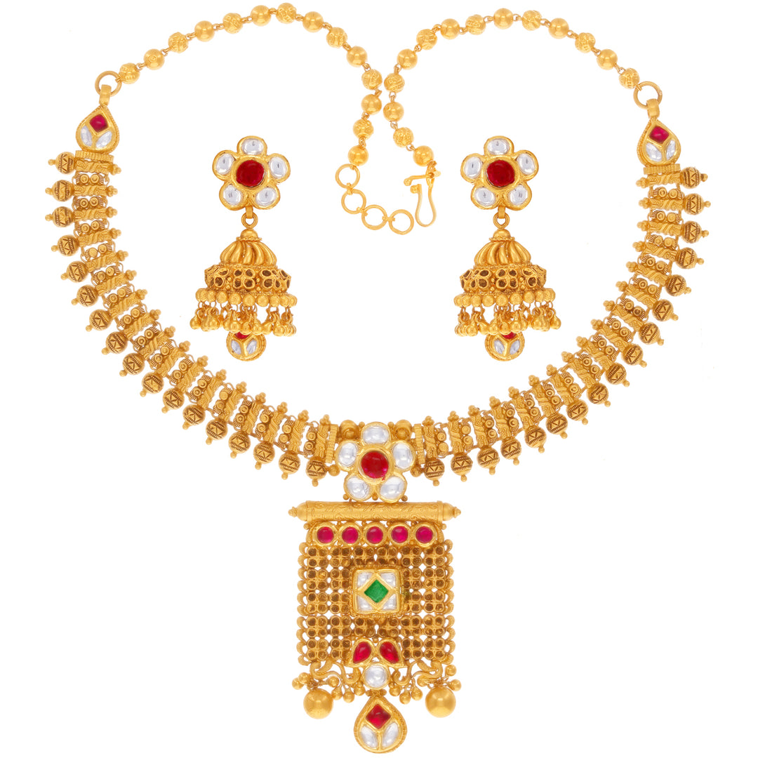 Artistic Antique Necklace Set With Kundan in 22K Gold