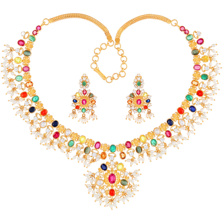 Sophisticated Antique Necklace Set With Navratan 22KG Gold