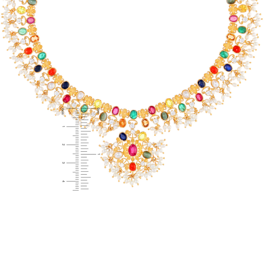 Sophisticated Antique Necklace Set With Navratan 22KG Gold