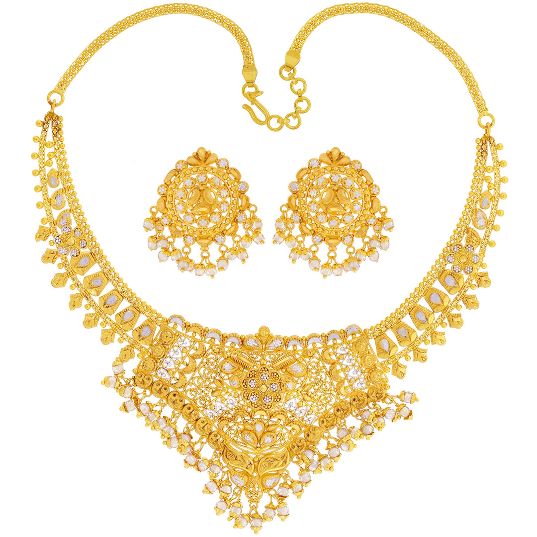 Fancy Antique Two Tone Necklace Set with Gemstone in 22K Gold