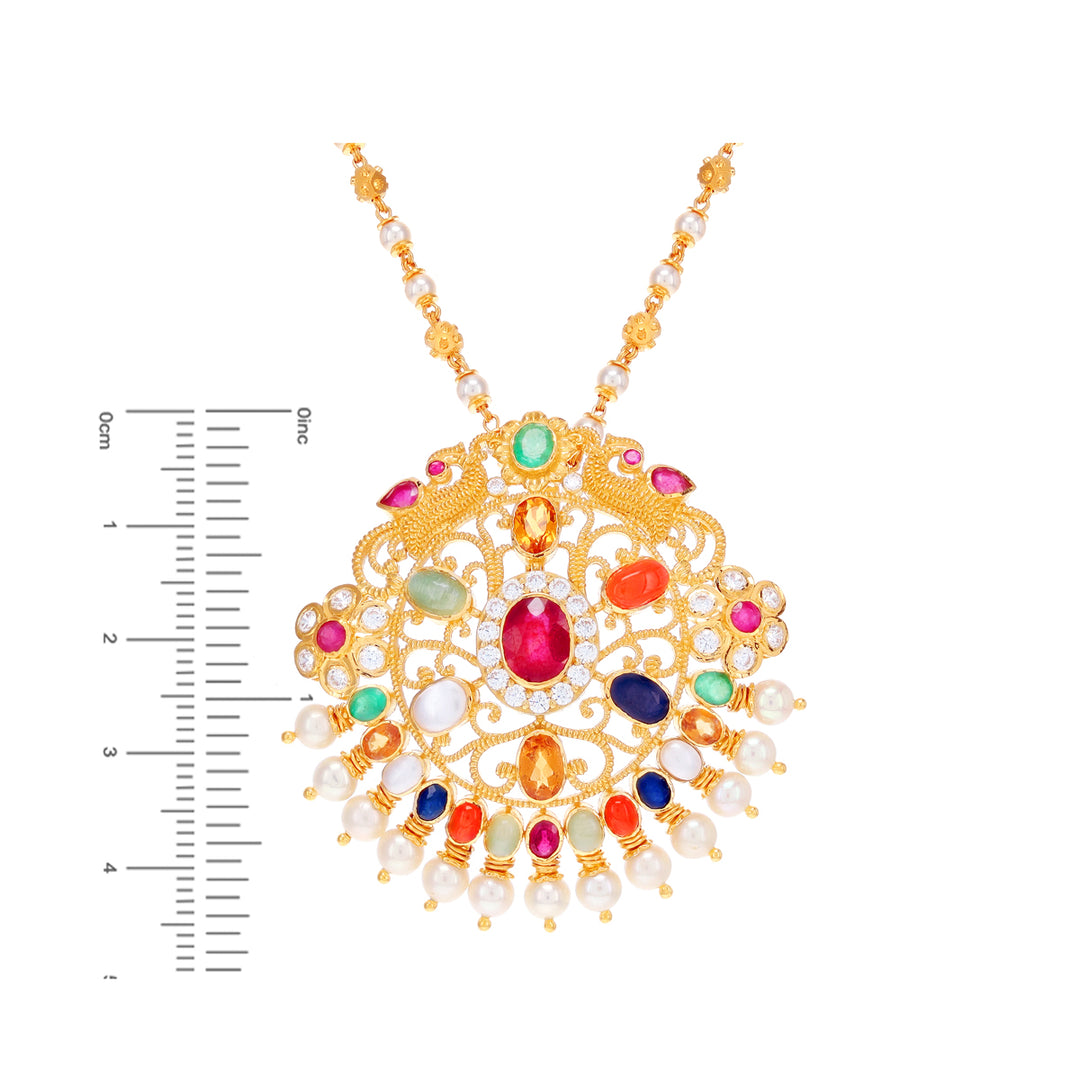 Graceful Antique Peacock Pendant Set With Navratan 22KG Gold