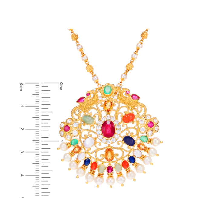 Graceful Antique Peacock Pendant Set With Navratan 22KG Gold