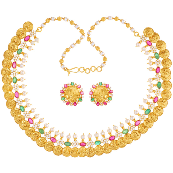 Captivating Antique Laxmi Coin Necklace Set With Gemstones in 22K Gold