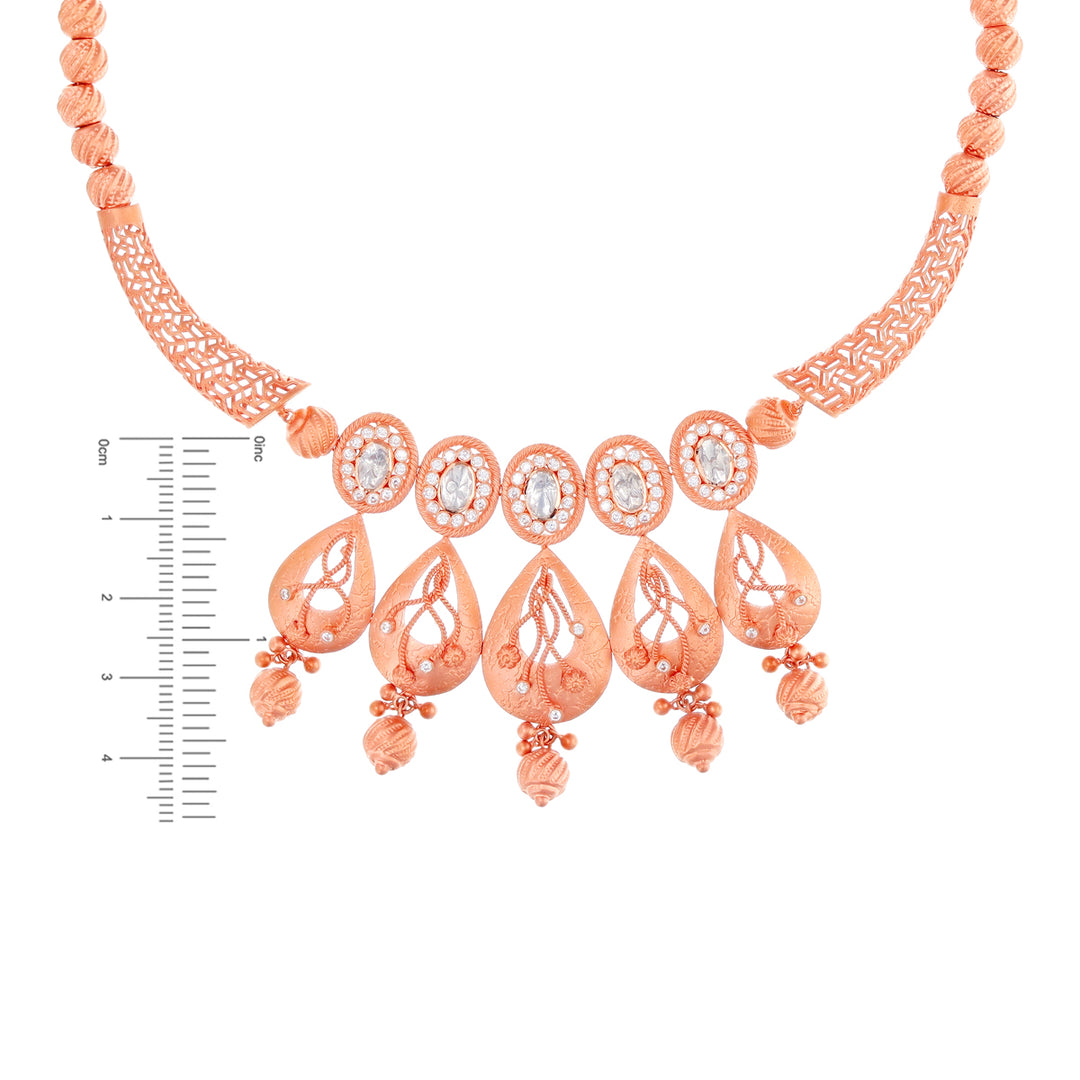 Ornamental Antique Necklace Set with White Polki in 22K Rose Gold