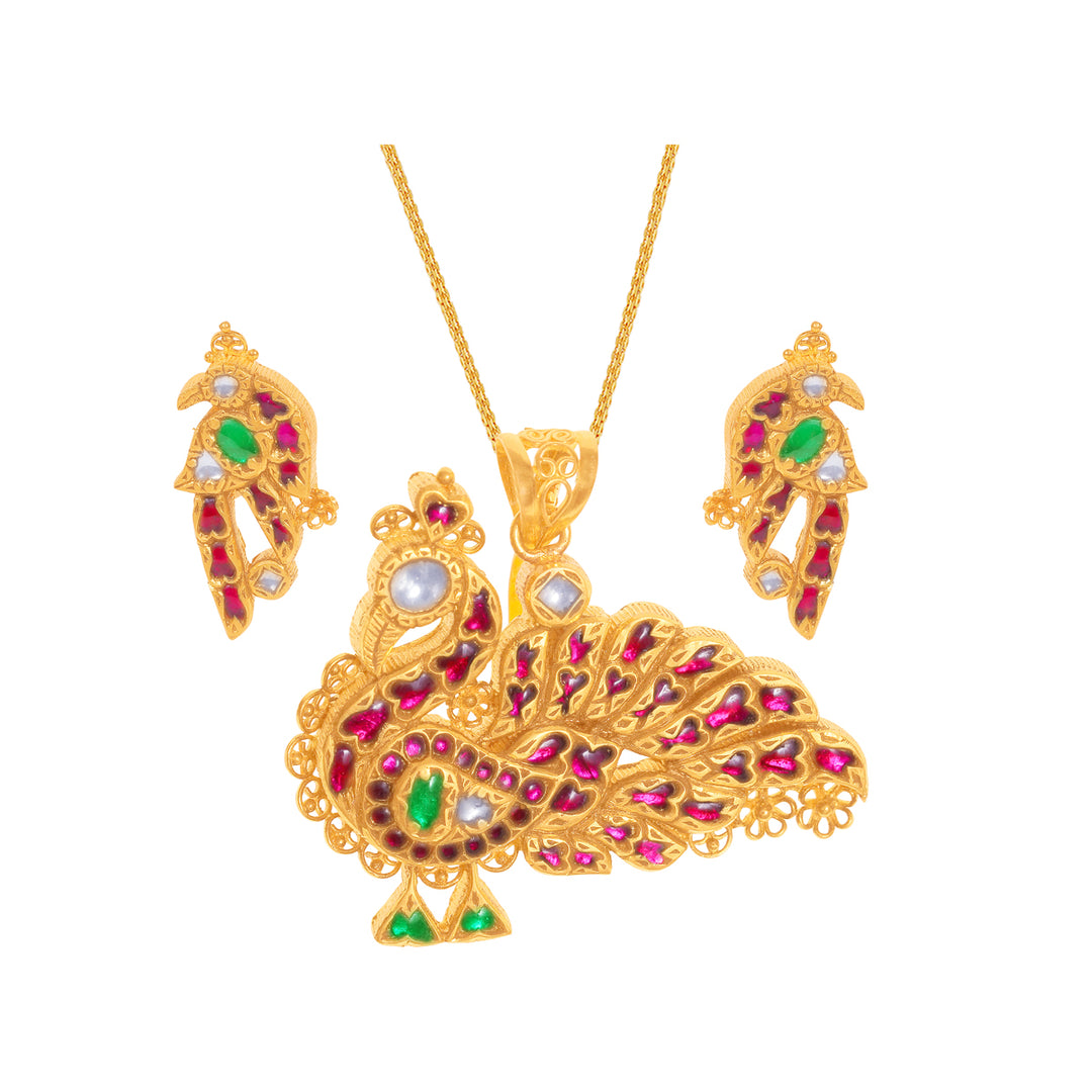 Peacock Antique Pendant Set With Kundan & Gemstones in 22K Gold