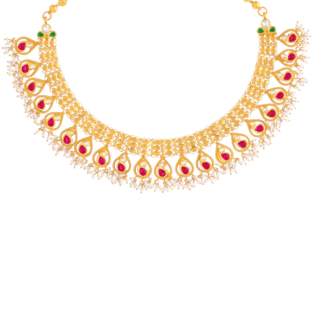 Ravishing Antique Necklace Set With Kundan Gemstones in 22K Gold