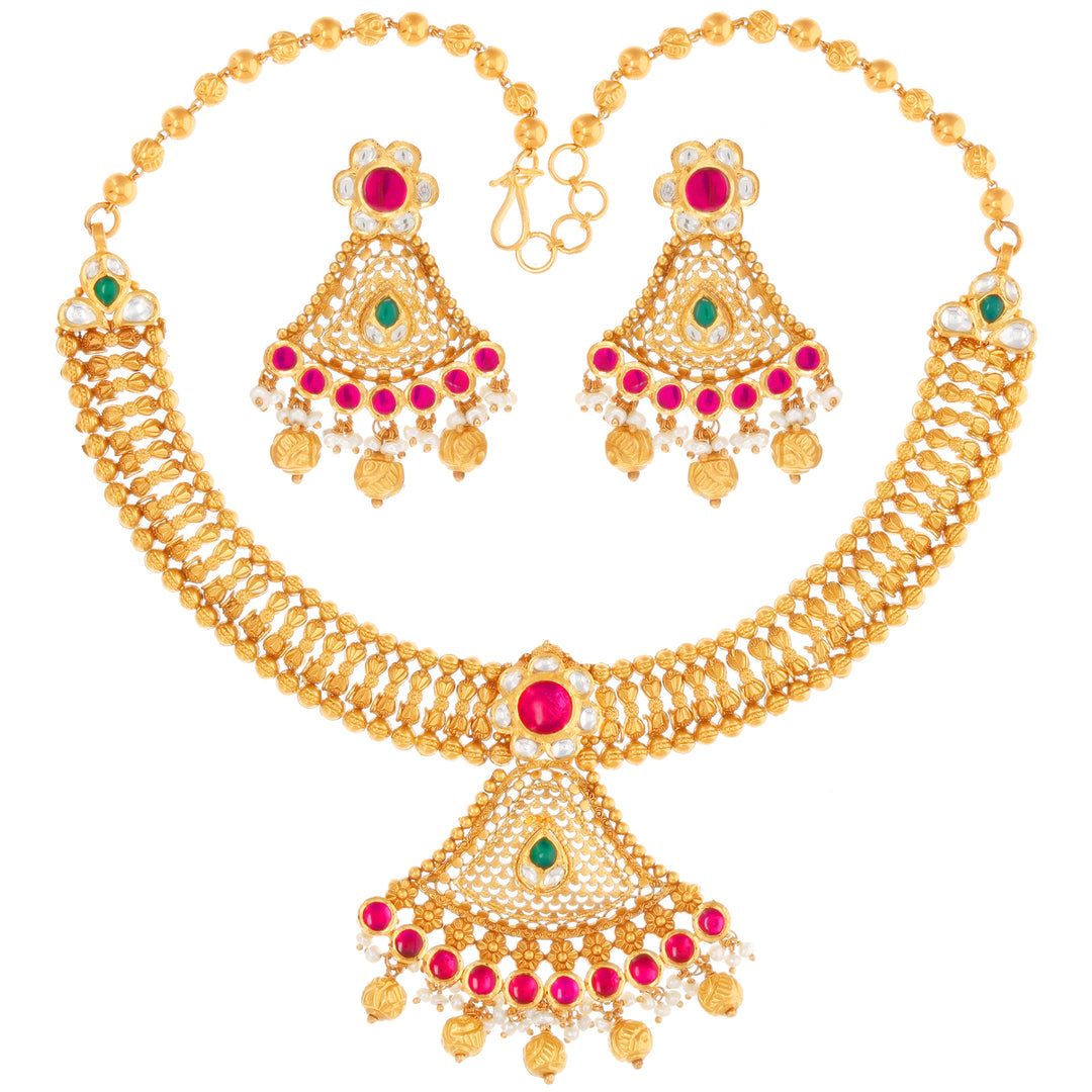 Ravishing Antique Necklace Set With Kundan & Gemstones in 22K Gold