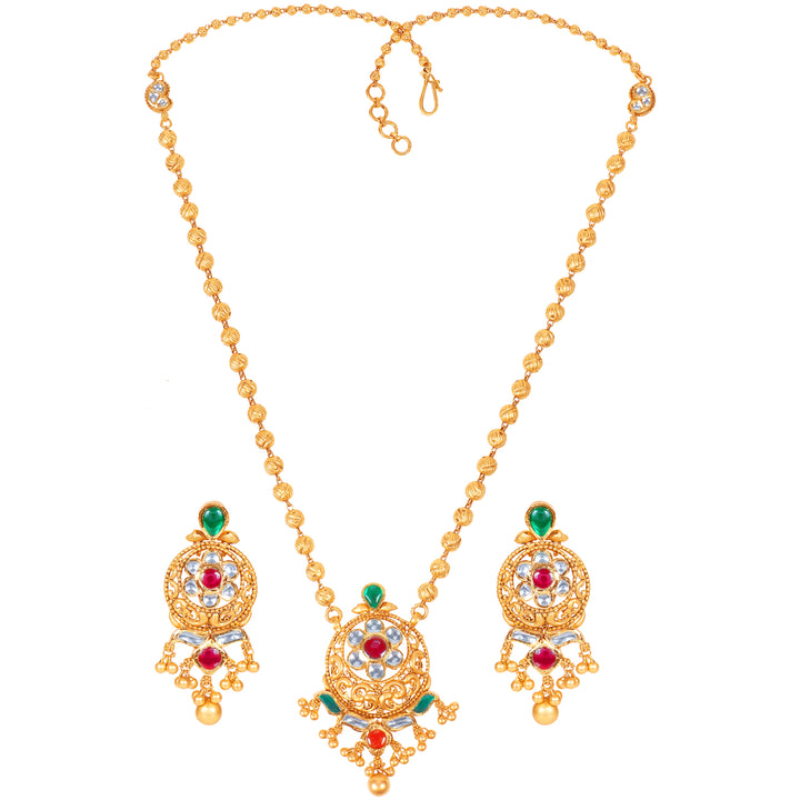 Ornamental Antique Necklace Set With Kundan & Gemstones in 22K Gold