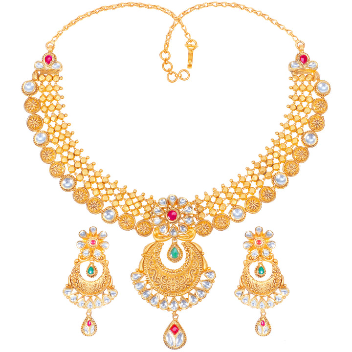 Graceful Antique Necklace Set With Kundan & Gemstones in 22K Gold