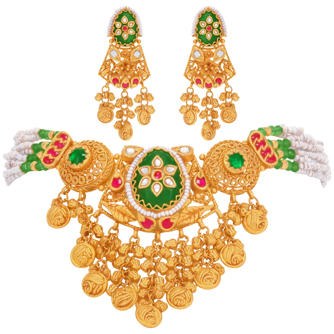 Charming Antique Necklace Set With Kundan & Gemstones in 22K Gold