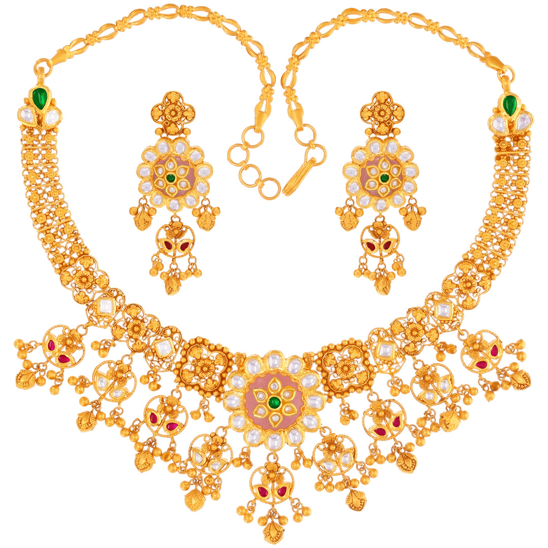 Endearing Antique Necklace Set With Kundan & Gemstones in 22K Gold
