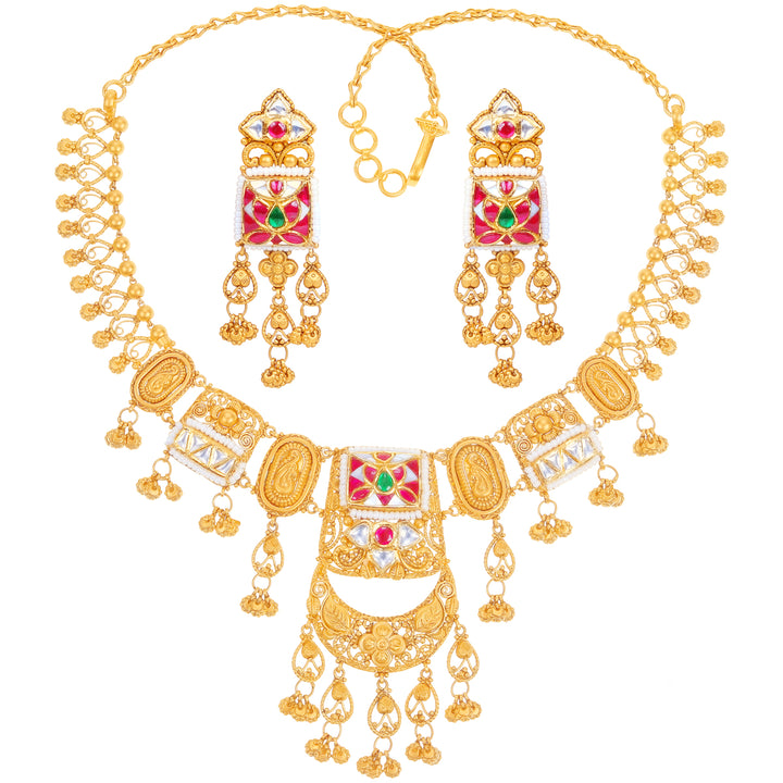 Opulent Antique Necklace Set With Kundan & Gemstones in 22K Gold