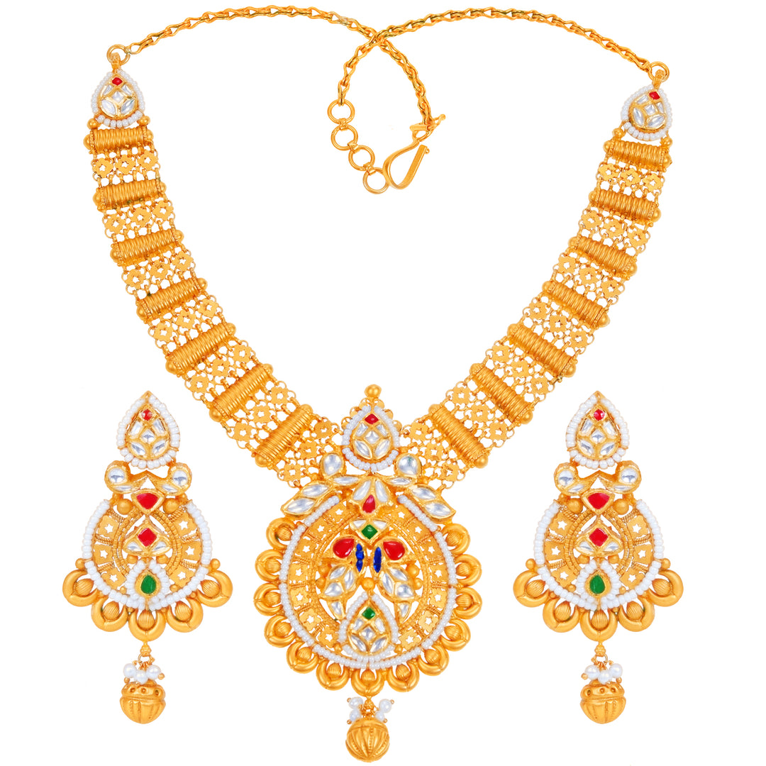 Mesmerizing Antique Necklace Set With Kundan & Gemstones in 22K Gold