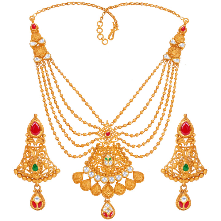 Glamorous Antique Necklace Set With Kundan & Gemstones in 22K Gold
