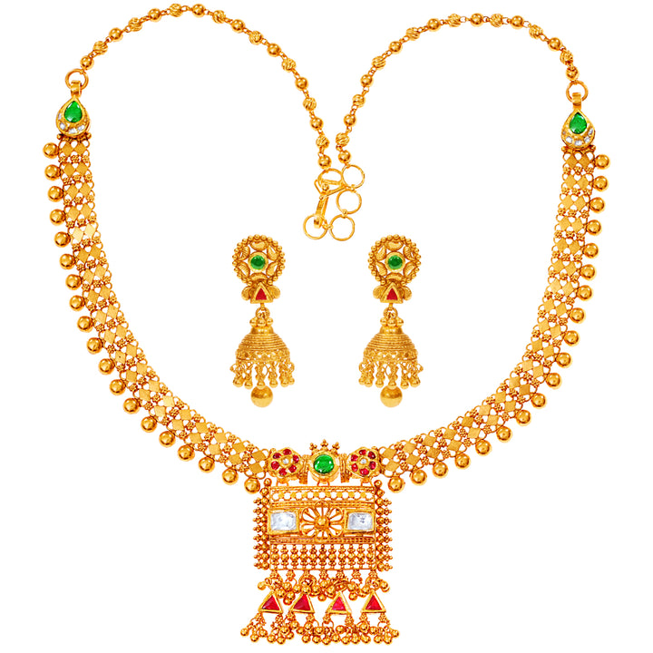 Ornate Antique Necklace Set With Kundan & Gemstones in 22K Gold