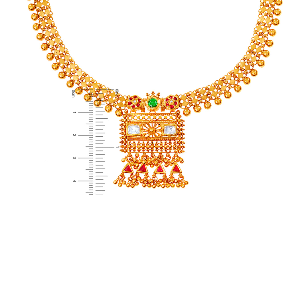 Ornate Antique Necklace Set With Kundan & Gemstones in 22K Gold