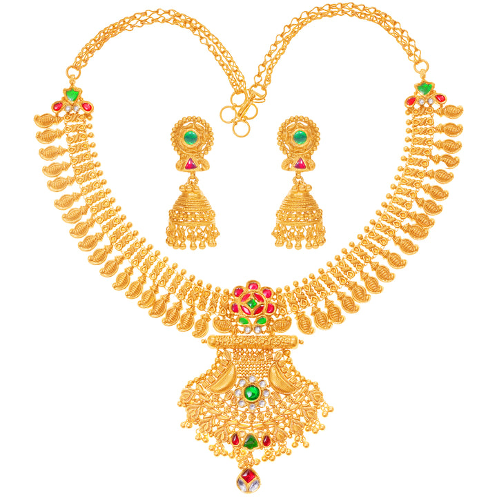 Graceful Antique Necklace Set With Kundan & Gemstones in 22K Gold