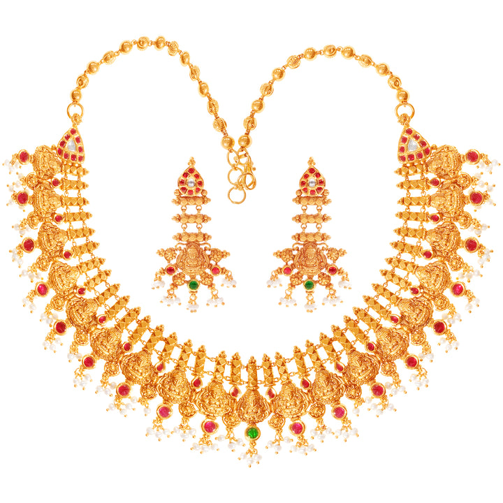 Intricate Laxmi Antique Necklace Set With Kundan & Gemstones in 22K Gold