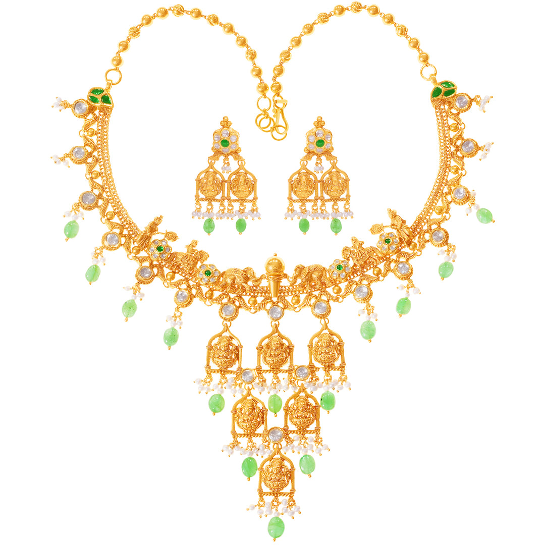 Charming Laxmi Antique Necklace Set With Kundan & Gemstones in 22K Gold