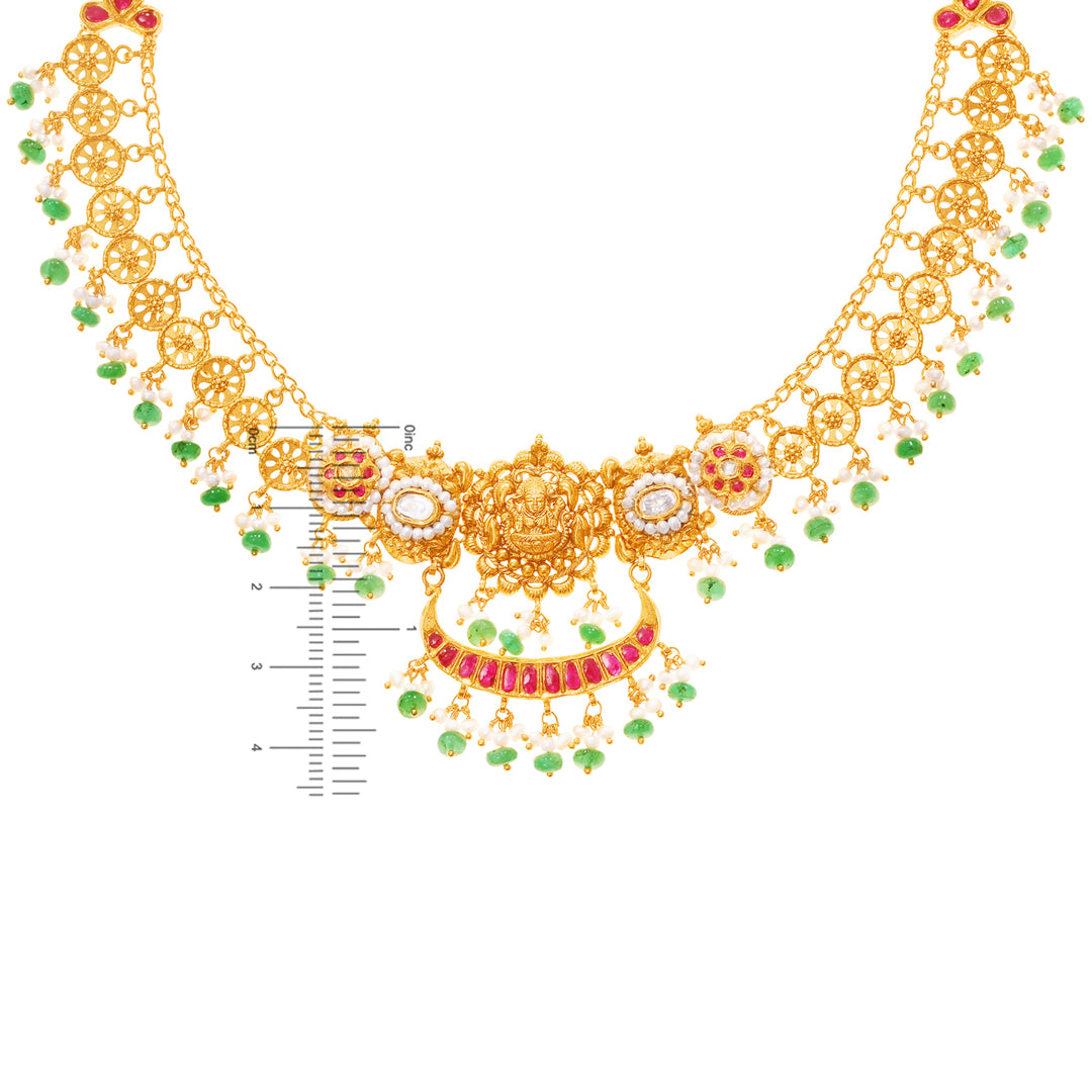 Brilliant Laxmi Antique Necklace Set With Kundan & Gemstones in 22K Gold