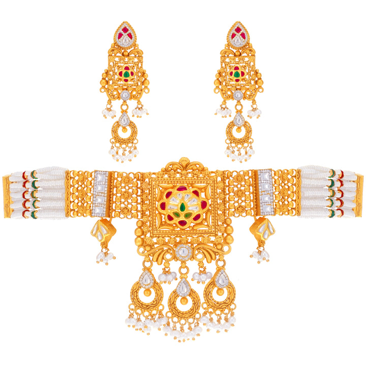 Charming Antique Choker Set With Kundan & Gemstones in 22K Gold