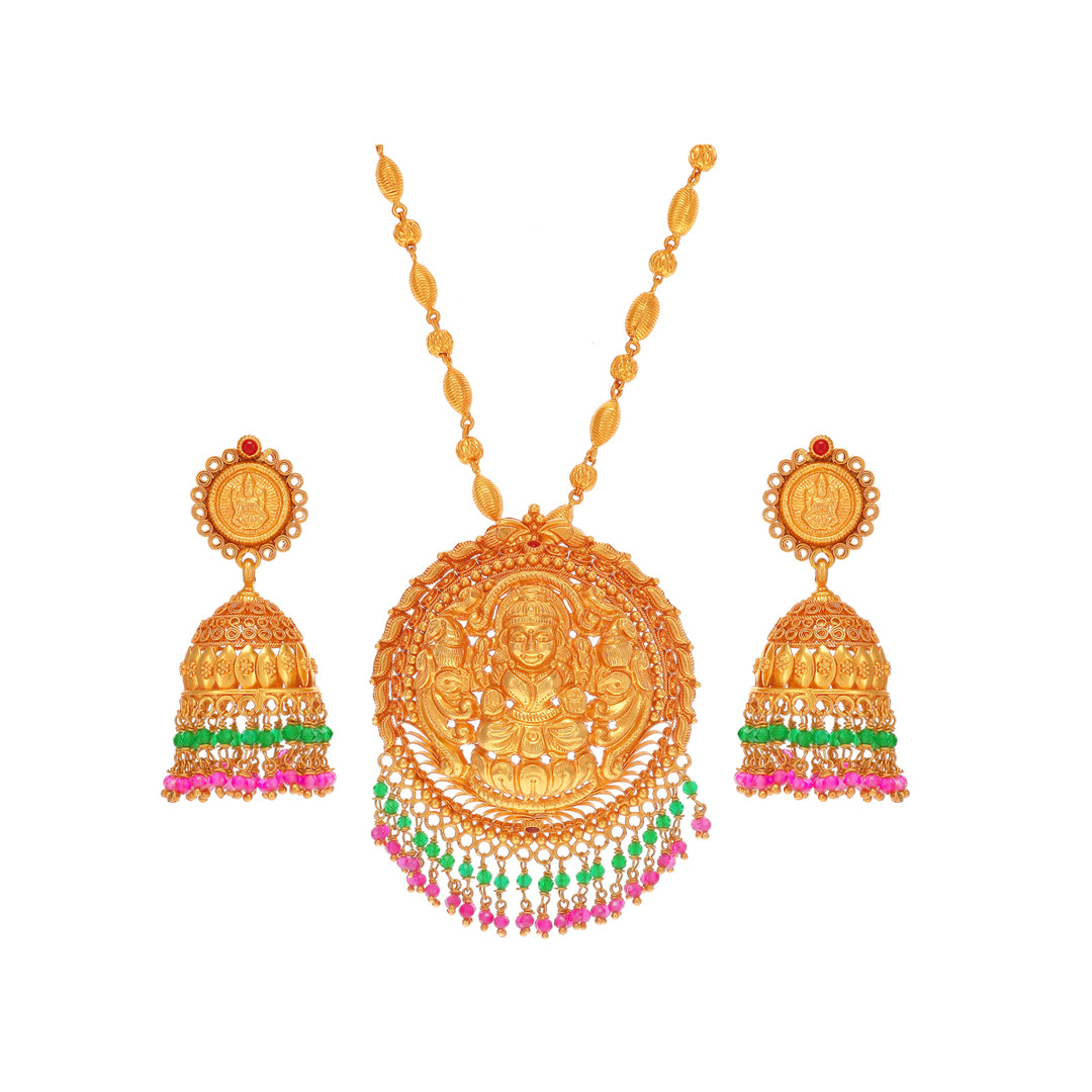 Exquisite Antique Laxmi Pendant Set With Gemstones in 22K Gold