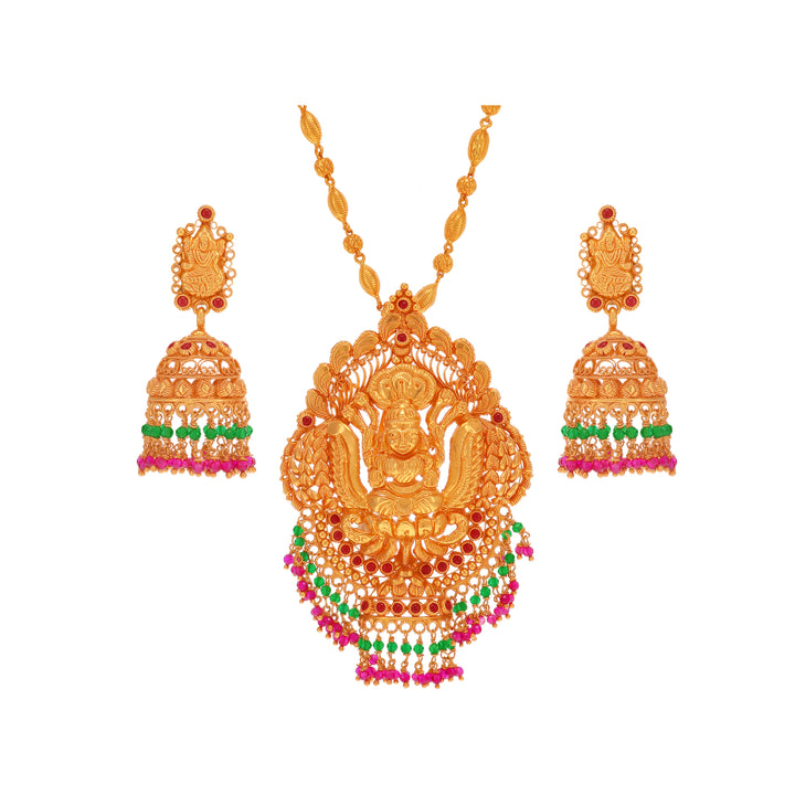 Precious Antique Laxmi Pendant Set With Ruby & Emerald in 22K Gold