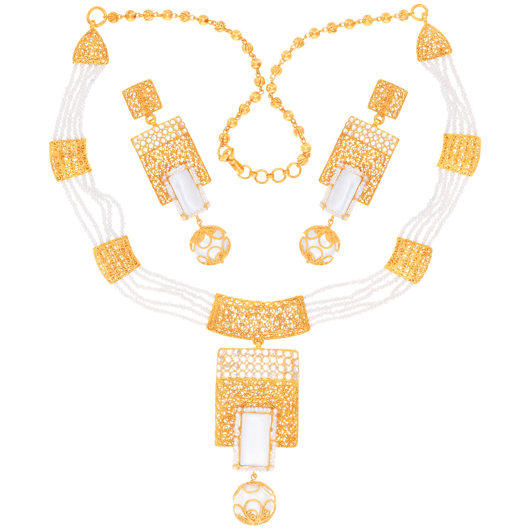 Exquisite Necklace Set With CZ & Pearl in 22K Gold