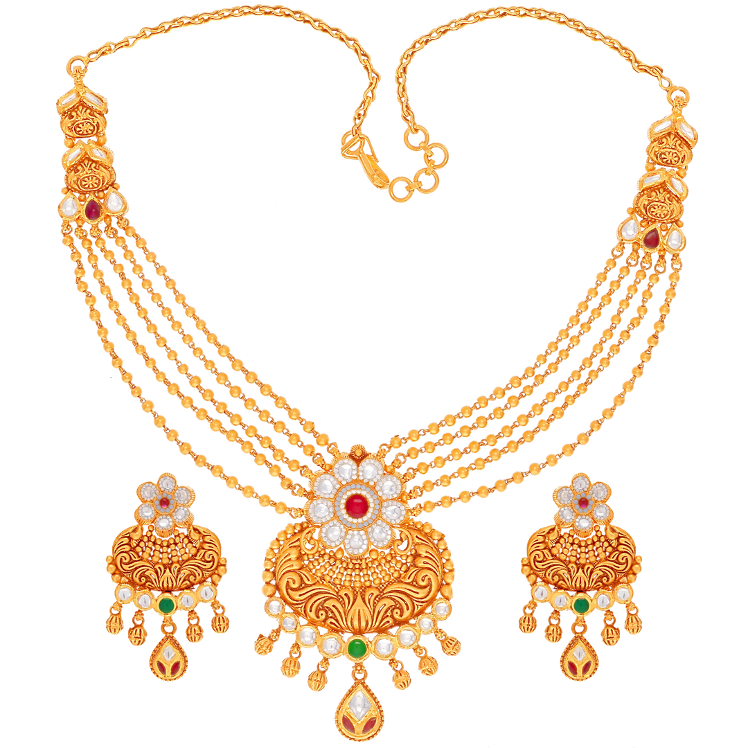Detailed Antique Necklace Set With Kundan in 22K Gold