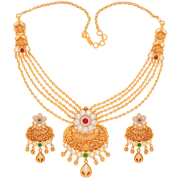 Detailed Antique Necklace Set With Kundan in 22K Gold