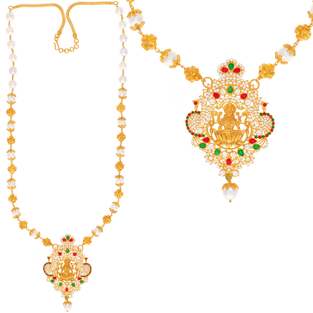 Classic Antique Patta Haaram With Pearl & Gemstones in 22K Gold
