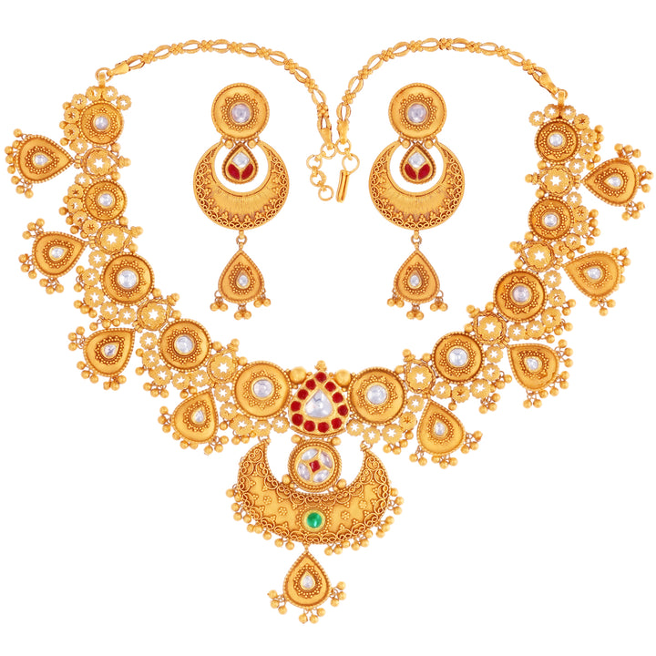 Ornamental Antique Necklace Set With Kundan & Gemstones in 22K Gold