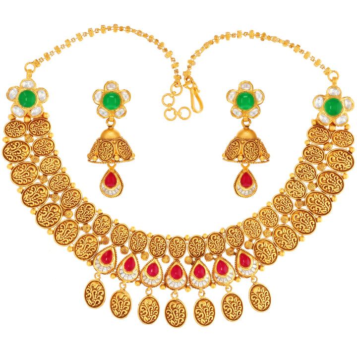 Elegant Antique Necklace Set With Kundan & Gestones in 22K Gold