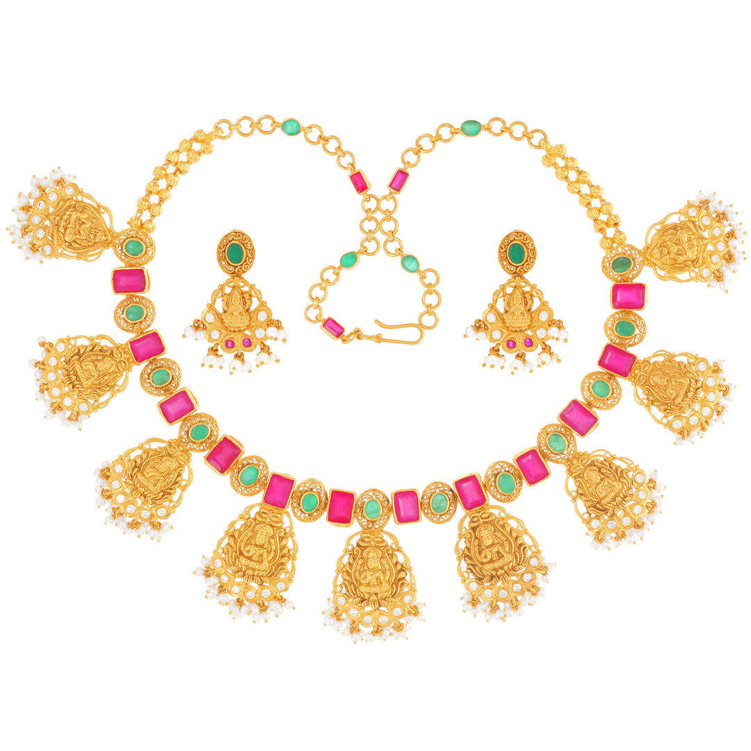 Enchanting Antique Laxmi Necklace Set With Gemstones in 22K Gold