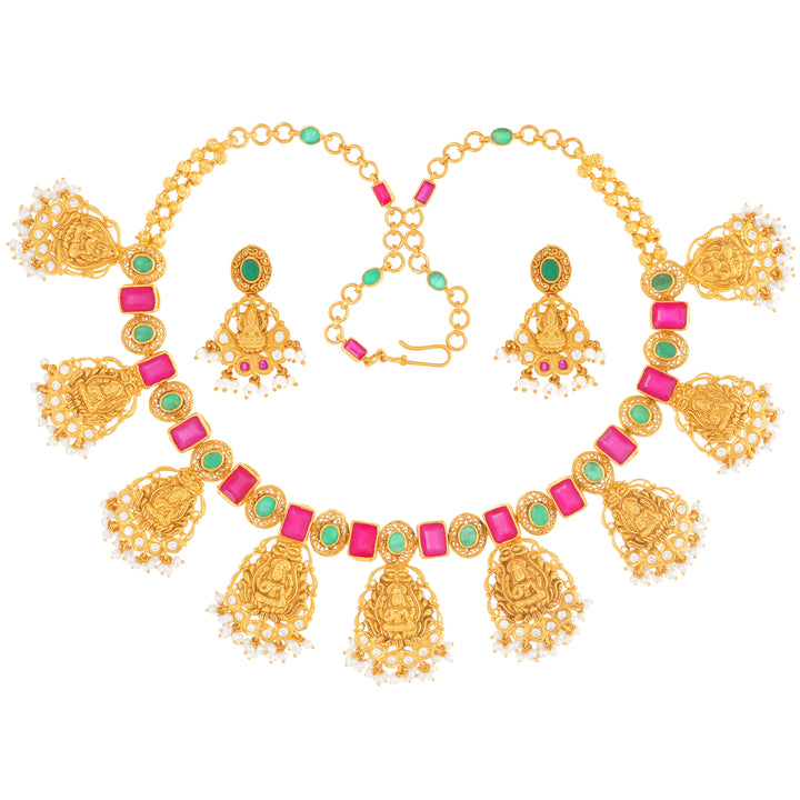 Enchanting Antique Laxmi Necklace Set With Gemstones in 22K Gold