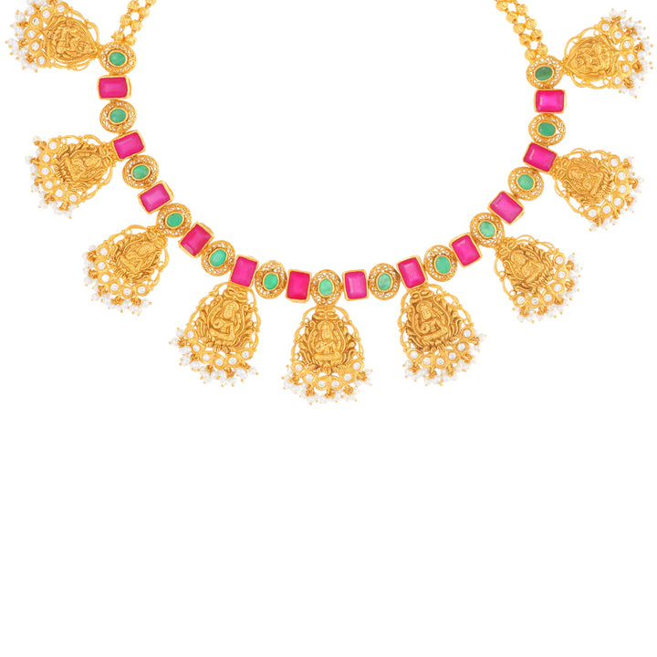 Enchanting Antique Laxmi Necklace Set With Gemstones in 22K Gold