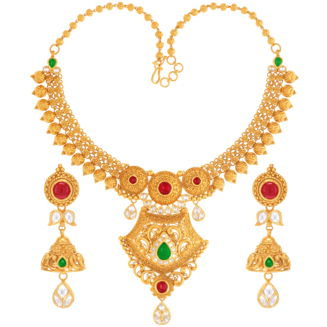 Distinctive Antique Necklace Set With Kundan Ruby & Emerald in 22K Gold