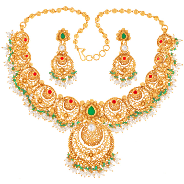 Charming Antique Gutta Pusalu Necklace Set With Kundan & Gemstones in 22K Gold