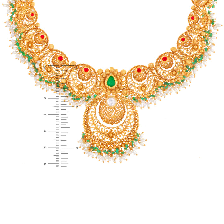 Charming Antique Gutta Pusalu Necklace Set With Kundan & Gemstones in 22K Gold