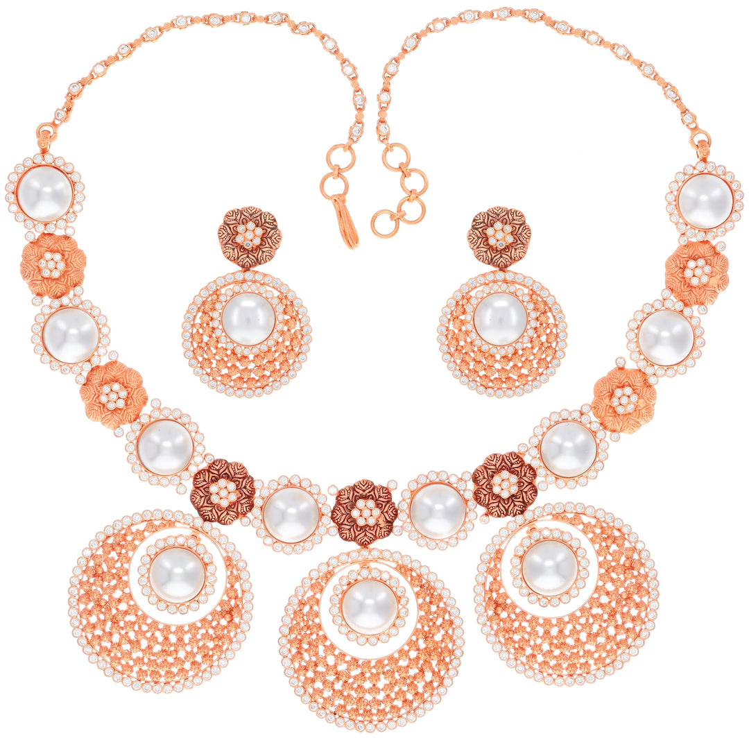 Ravishing Antique Necklace Set With White Polki & Pearl in 22K Rose Gold