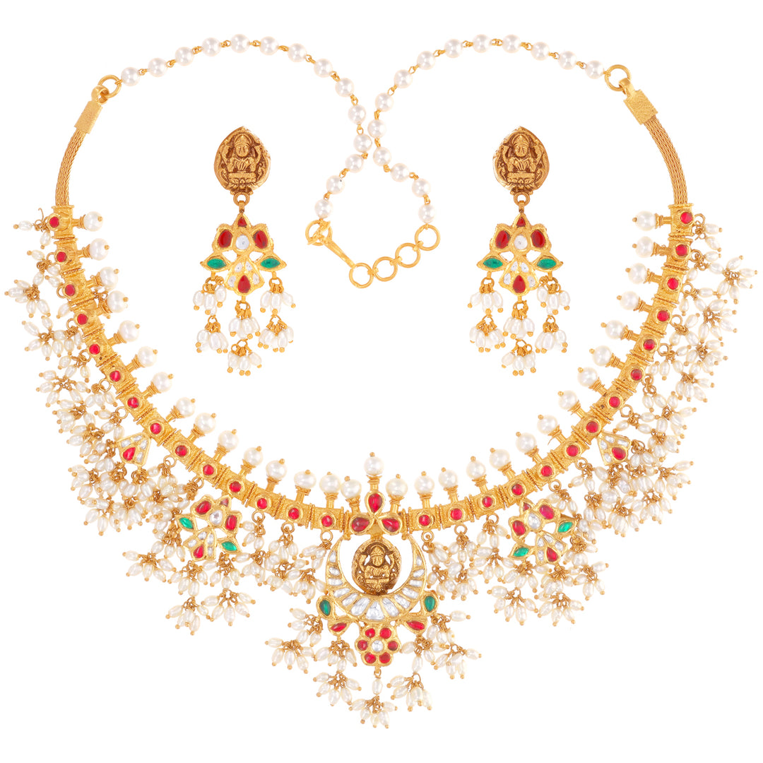 Ravishing Antique Laxmi Gutta Pusalu Necklace Set With Kundan & Gemstones in 22K Gold