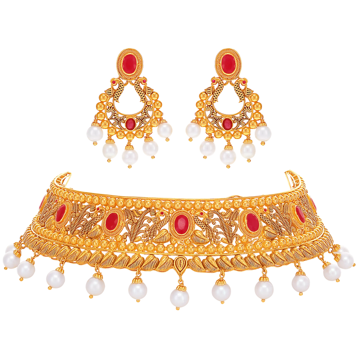 Artistic Antique Choker Set With Ruby & Gemstones in 22K Gold