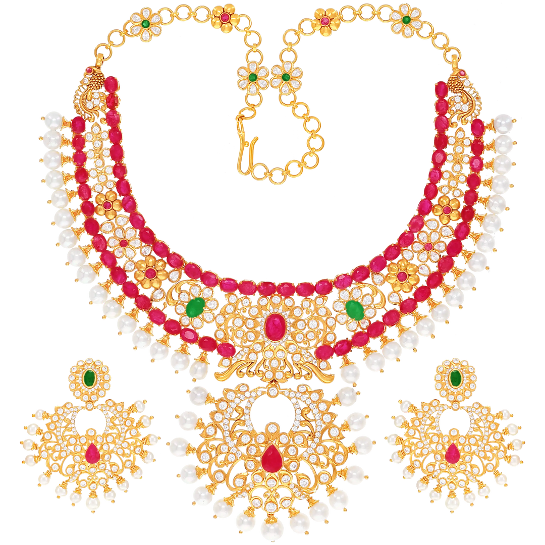 Magnificent Antique Necklace Set With Ruby Emerald & Gemstones in 22K Gold