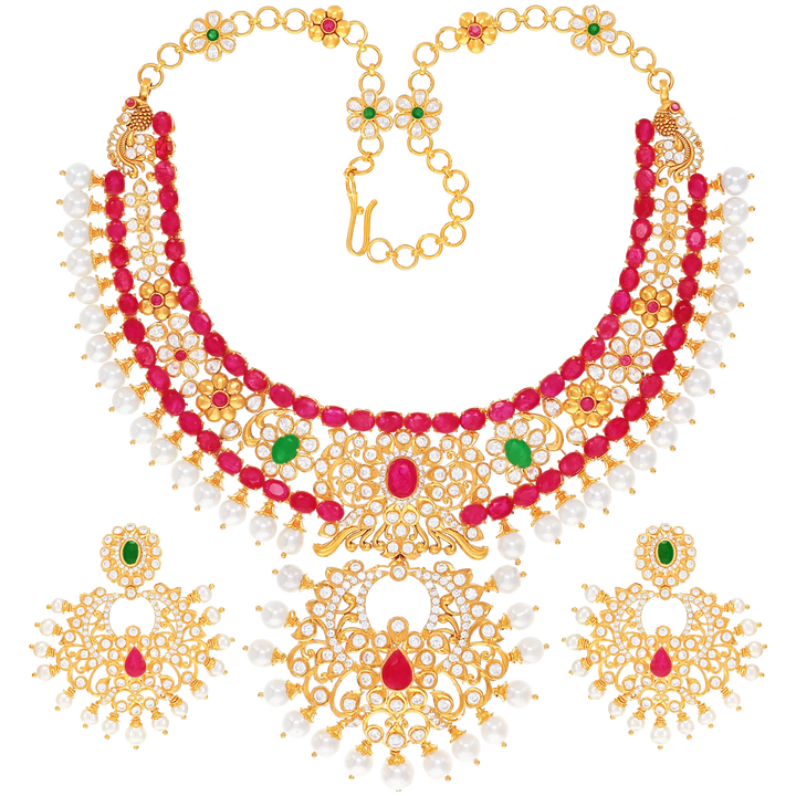 Magnificent Antique Necklace Set With Ruby Emerald & Gemstones in 22K Gold