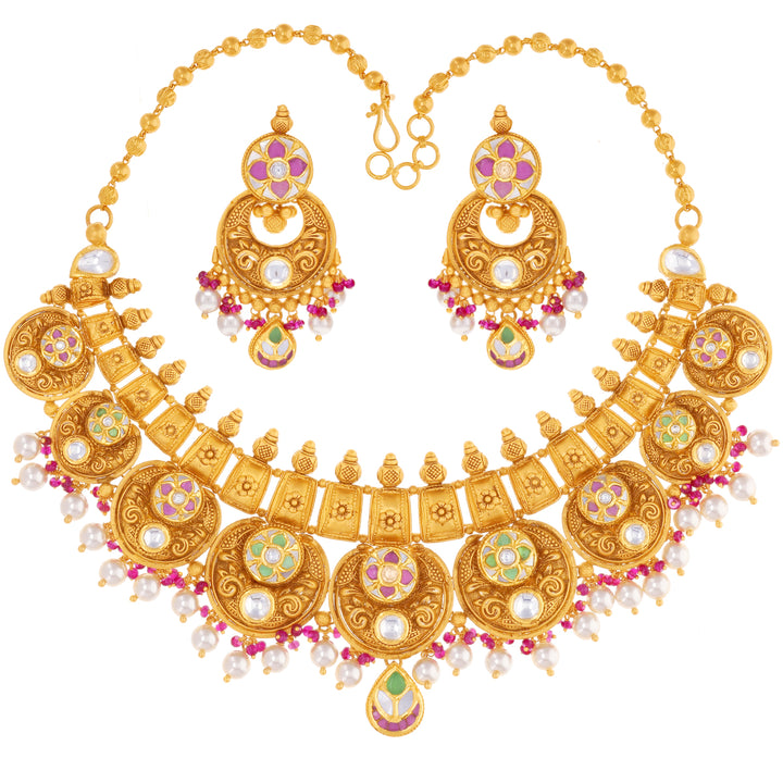 Beautiful Antique Necklace Set With Kundan & Gemstones in 22K Gold