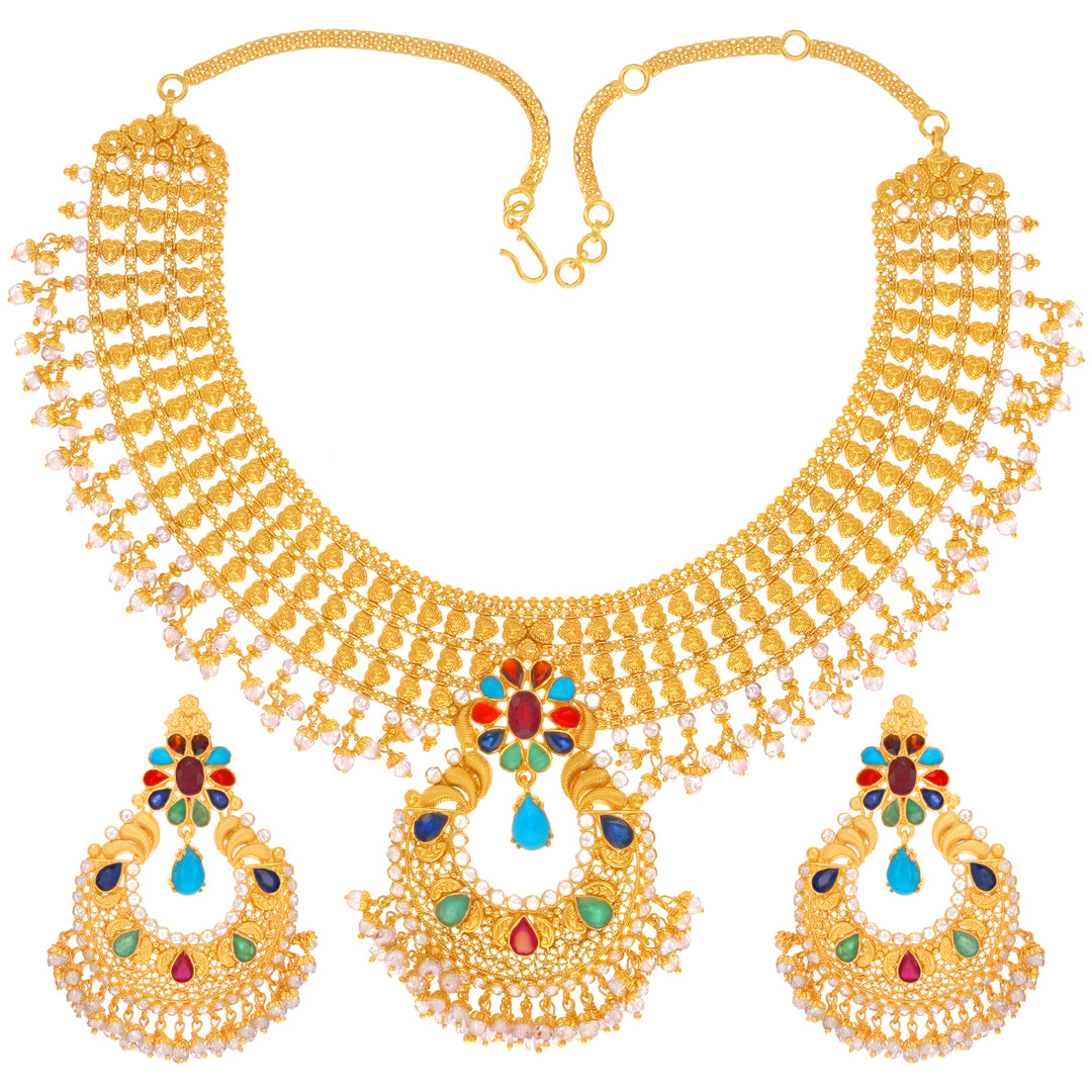 Delightful Antique Necklace Set With Navratan in 22K Gold